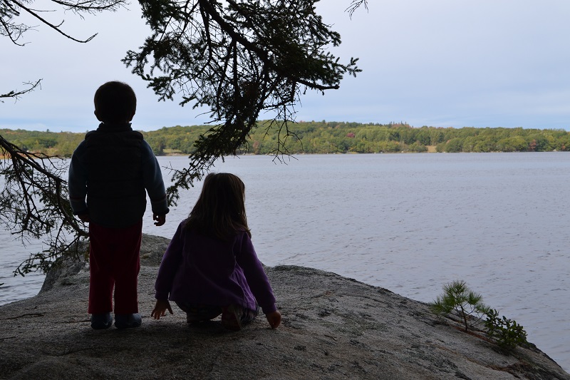 children on a rock by the water